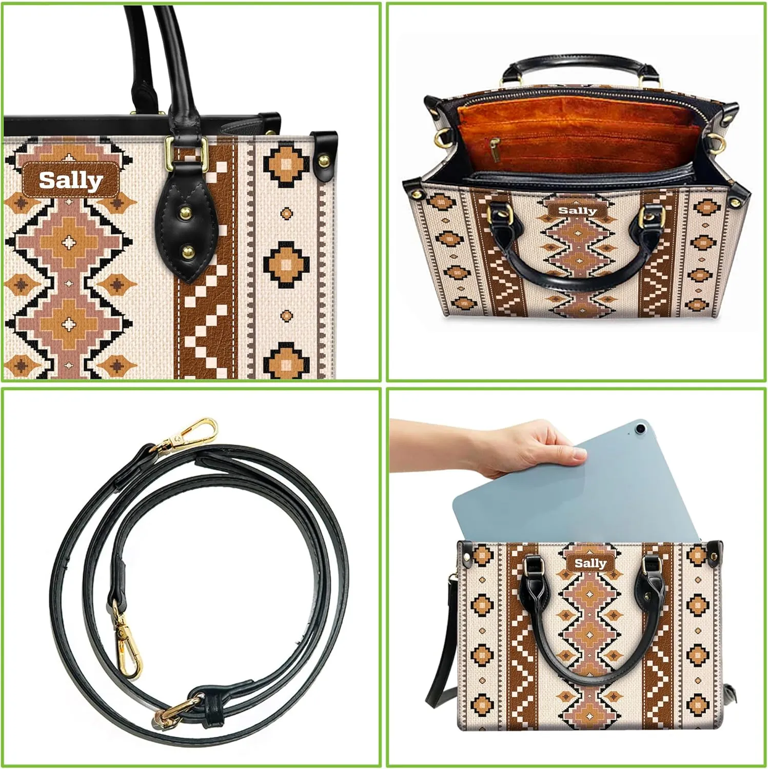 Personalized Leather Handbag for Women – Custom Boho Aztec Purse, Detachable Strap, Mother’s Day Gift