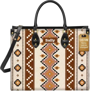 Personalized Leather Handbag for Women – Custom Boho Aztec Purse, Detachable Strap, Mother’s Day Gift