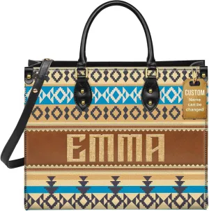 Personalized Leather Handbag for Women – Custom Boho Aztec Purse, Detachable Strap, Mother’s Day Gift