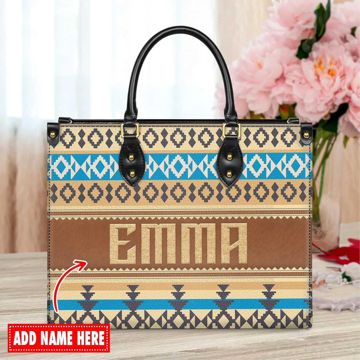 Personalized Leather Handbag for Women – Custom Boho Aztec Purse, Detachable Strap, Mother’s Day Gift