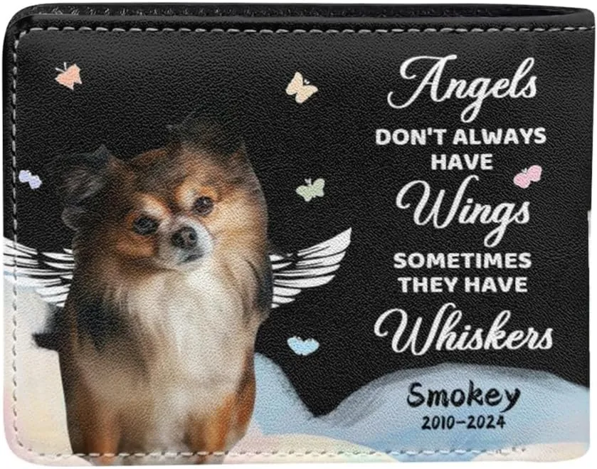 Personalized Leather Pet Face Wallet For Men Angel Don't Always Have Wings Sometimes They Have Whiskers Leather Wallet for Pet's Dad Custom Dog Bifold Wallets with Name Date Memorial Gift for Owner