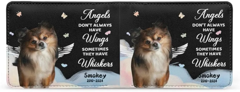 Personalized Leather Pet Face Wallet For Men Angel Don't Always Have Wings Sometimes They Have Whiskers Leather Wallet for Pet's Dad Custom Dog Bifold Wallets with Name Date Memorial Gift for Owner