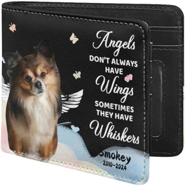 Personalized Leather Pet Face Wallet For Men Angel Don't Always Have Wings Sometimes They Have Whiskers Leather Wallet for Pet's Dad Custom Dog Bifold Wallets with Name Date Memorial Gift for Owner