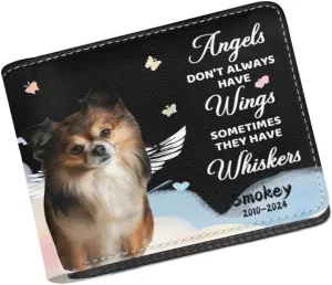 Personalized Leather Pet Face Wallet For Men Angel Don't Always Have Wings Sometimes They Have Whiskers Leather Wallet for Pet's Dad Custom Dog Bifold Wallets with Name Date Memorial Gift for Owner