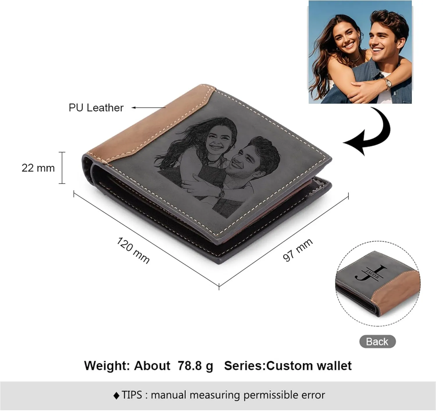 Personalized Leather Wallet for Men with Photo & Custom Name Engraving Men's Wallet Gift for Man Father's Day Birthday (Style 1)