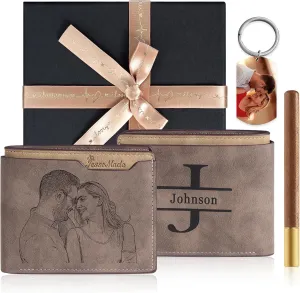Personalized Leather Wallet for Men with Photo & Custom Name Engraving Men's Wallet Gift for Man Father's Day Birthday (Style 2 Premium kit)