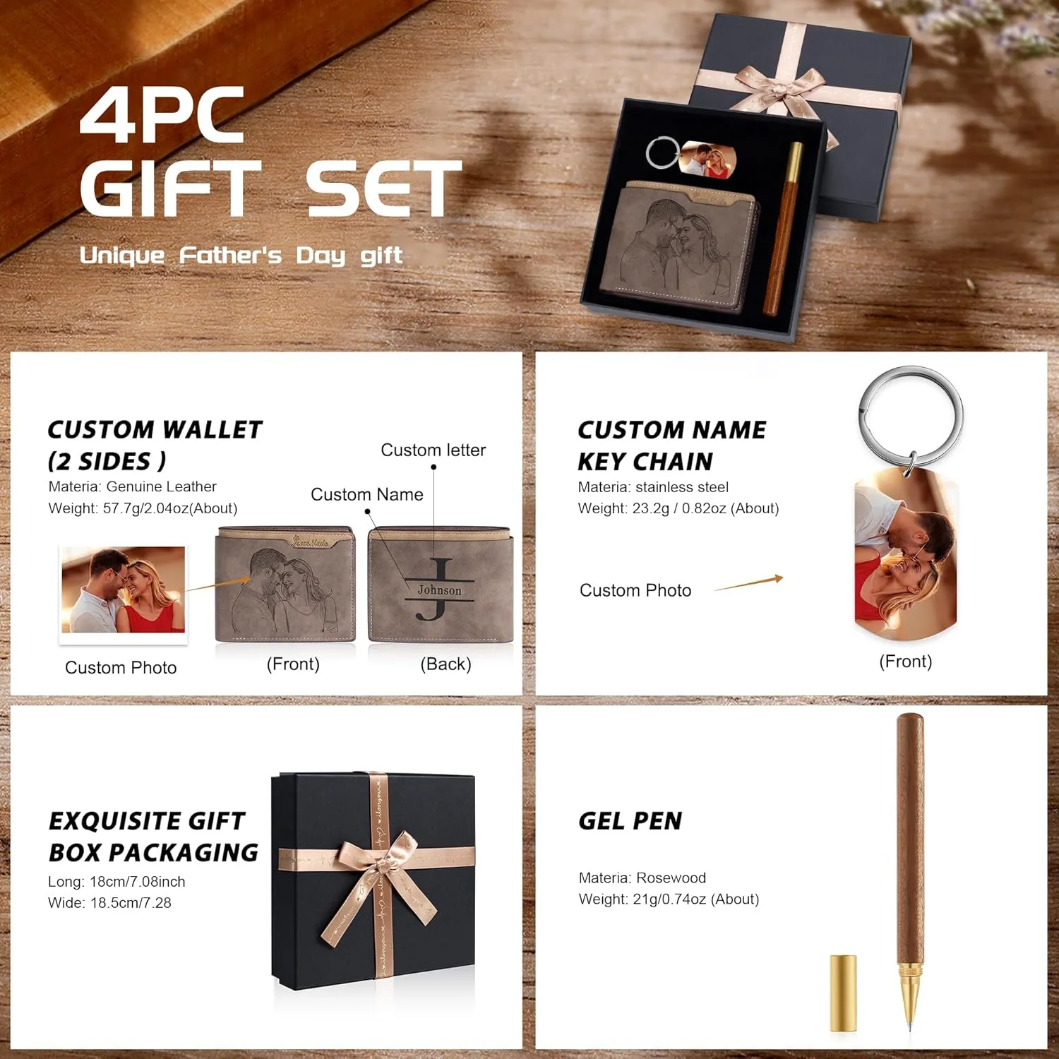 Personalized Leather Wallet for Men with Photo & Custom Name Engraving Men's Wallet Gift for Man Father's Day Birthday (Style 2 Premium kit)