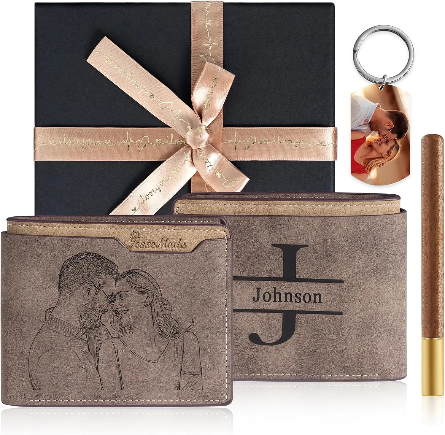 Personalized Leather Wallet for Men with Photo & Custom Name Engraving Men's Wallet Gift for Man Father's Day Birthday (Style 2 Premium kit)
