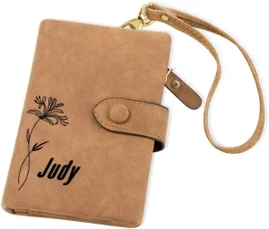 Personalized Leather Wallet for Women - Customized Trifold Wristlet Purse with Birth Month Flower - Gift for Her, Mothers, Birthdays for Card & Coin Holder with Clearance on Cute Floral Wallets