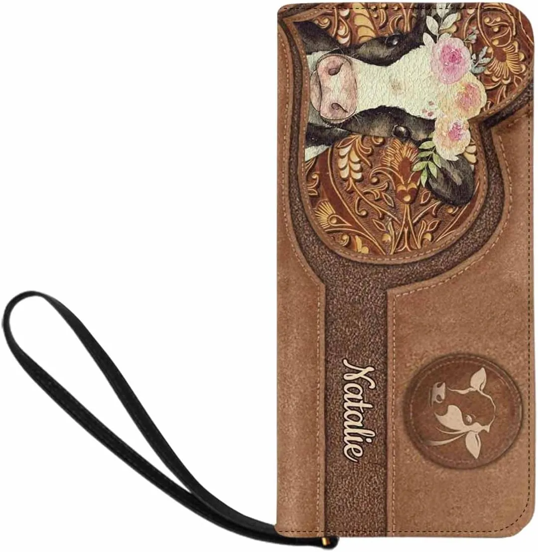 Personalized Name Clutch Wristlet with Strap, Custom Purple Flowers And Dog Wallet Cluth with Zipper Closure