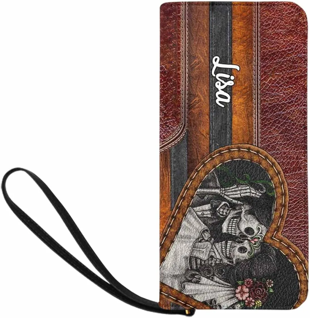 Personalized Name Clutch Wristlet with Strap, Custom Purple Flowers And Dog Wallet Cluth with Zipper Closure