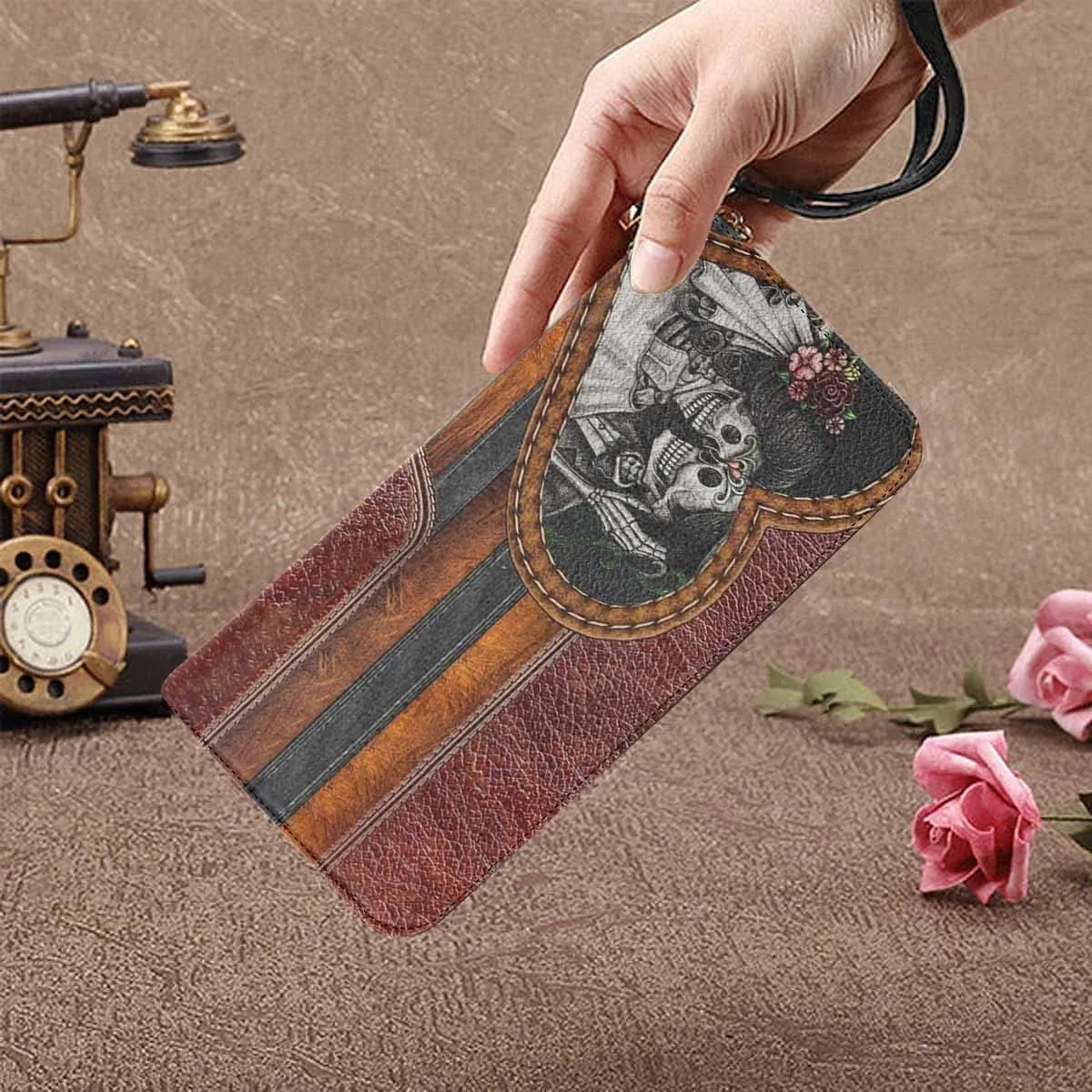 Personalized Name Clutch Wristlet with Strap, Custom Purple Flowers And Dog Wallet Cluth with Zipper Closure