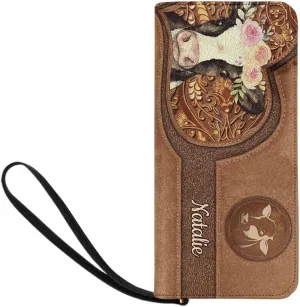 Personalized Name Clutch Wristlet with Strap, Custom Purple Flowers And Dog Wallet Cluth with Zipper Closure
