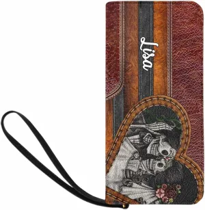 Personalized Name Clutch Wristlet with Strap, Custom Purple Flowers And Dog Wallet Cluth with Zipper Closure