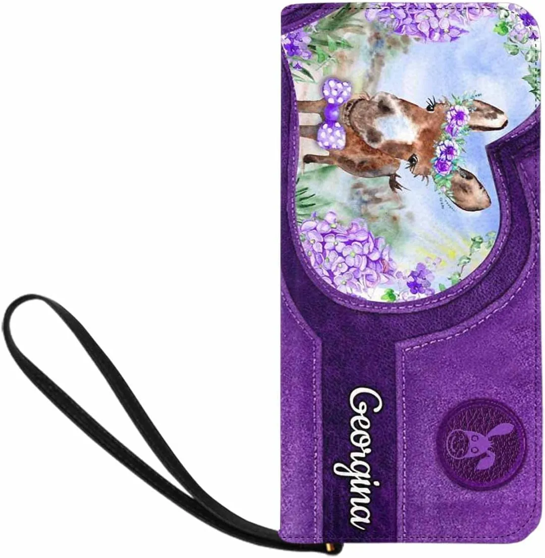 Personalized Name Clutch Wristlet with Strap, Custom Purple Flowers And Dog Wallet Cluth with Zipper Closure
