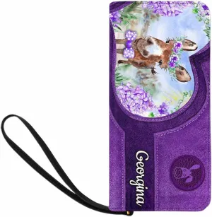Personalized Name Clutch Wristlet with Strap, Custom Purple Flowers And Dog Wallet Cluth with Zipper Closure