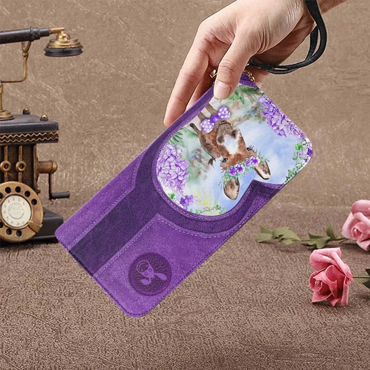 Personalized Name Clutch Wristlet with Strap, Custom Purple Flowers And Dog Wallet Cluth with Zipper Closure