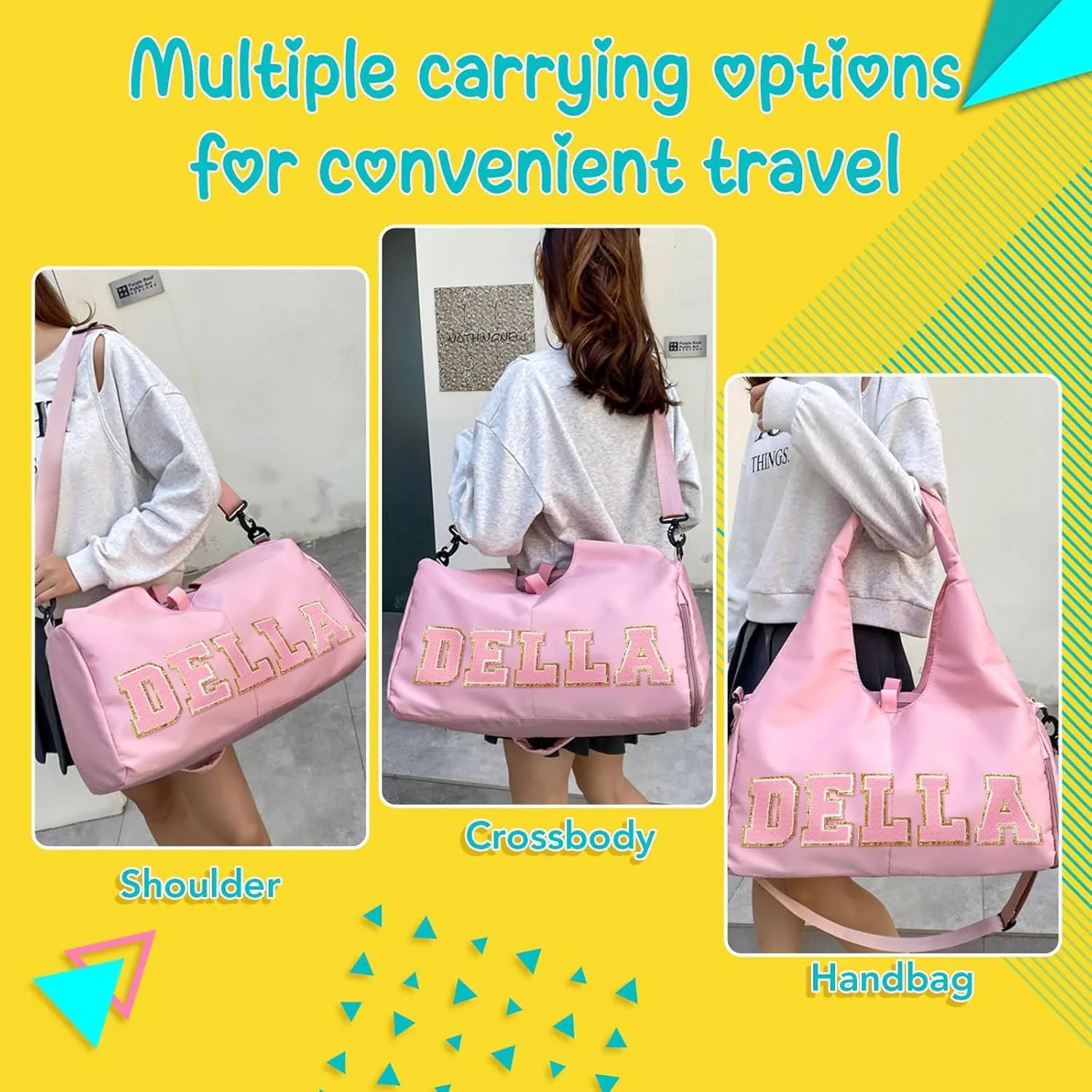 Personalized Name Dance Ballet Yoga Bag, Cute Travel Duffel Bag, Sport Duffle Gym Cheerleader Bag, Weekender Overnight Bag Gift, Custom Chenille Letter Name Girls Boys Kids Teenager (Style 2)