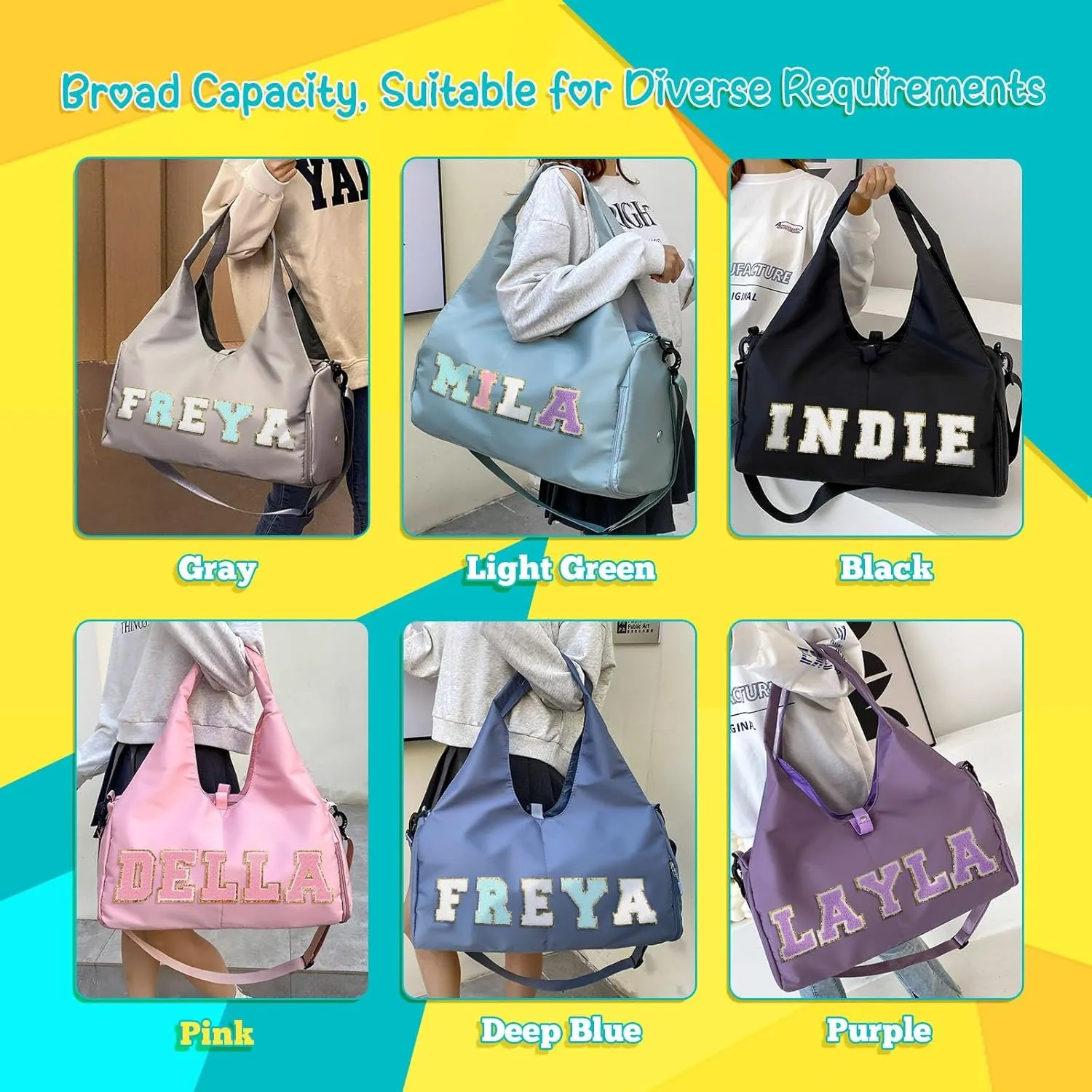 Personalized Name Dance Ballet Yoga Bag, Cute Travel Duffel Bag, Sport Duffle Gym Cheerleader Bag, Weekender Overnight Bag Gift, Custom Chenille Letter Name Girls Boys Kids Teenager (Style 2)