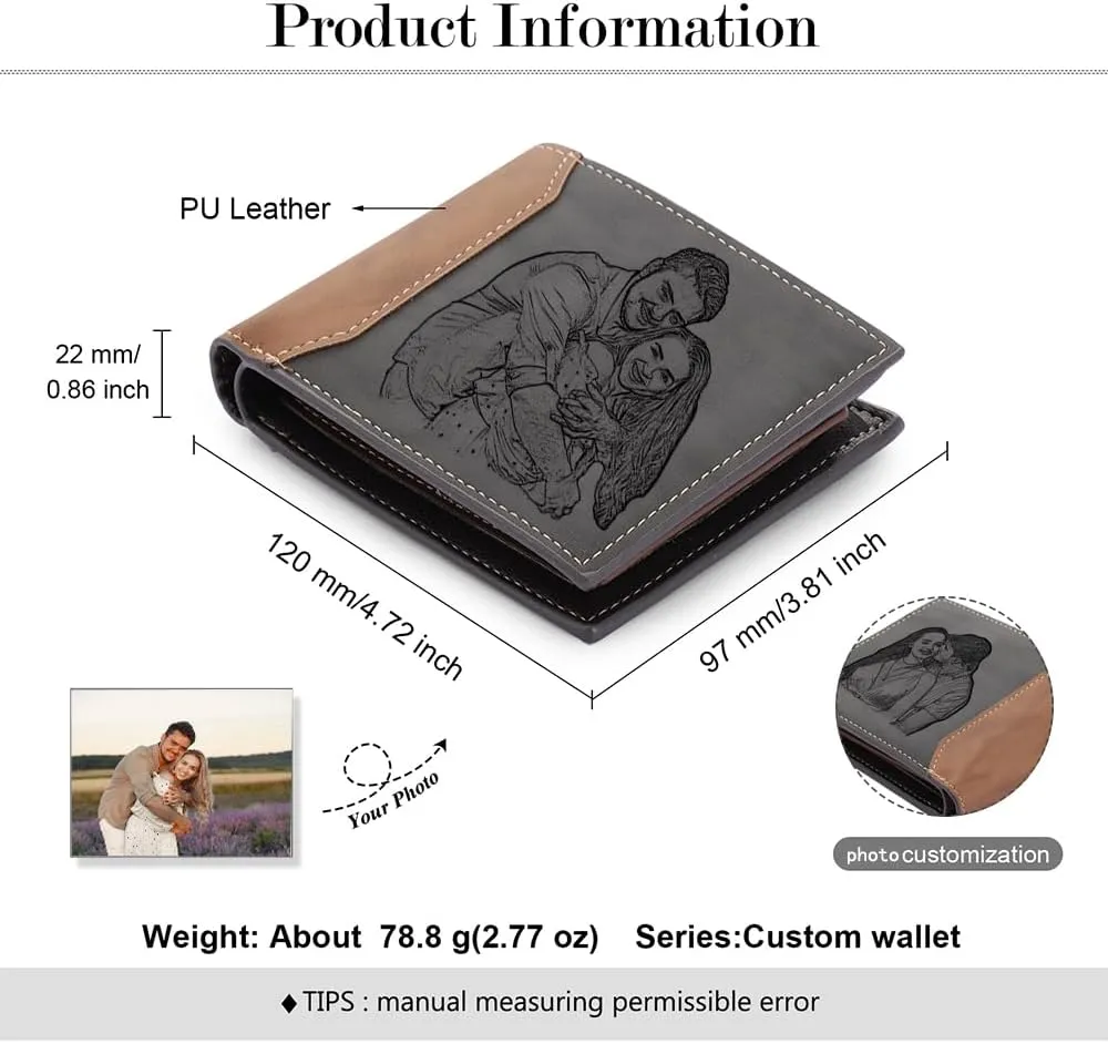 Personalized Photo Mens Wallets Leather: Custom Initial Name Bi-fold Wallet for Men Father - Men's wallets Wallet for Dad Boyfriend Grandpa Birthday Gift (Gray 2 Photo)