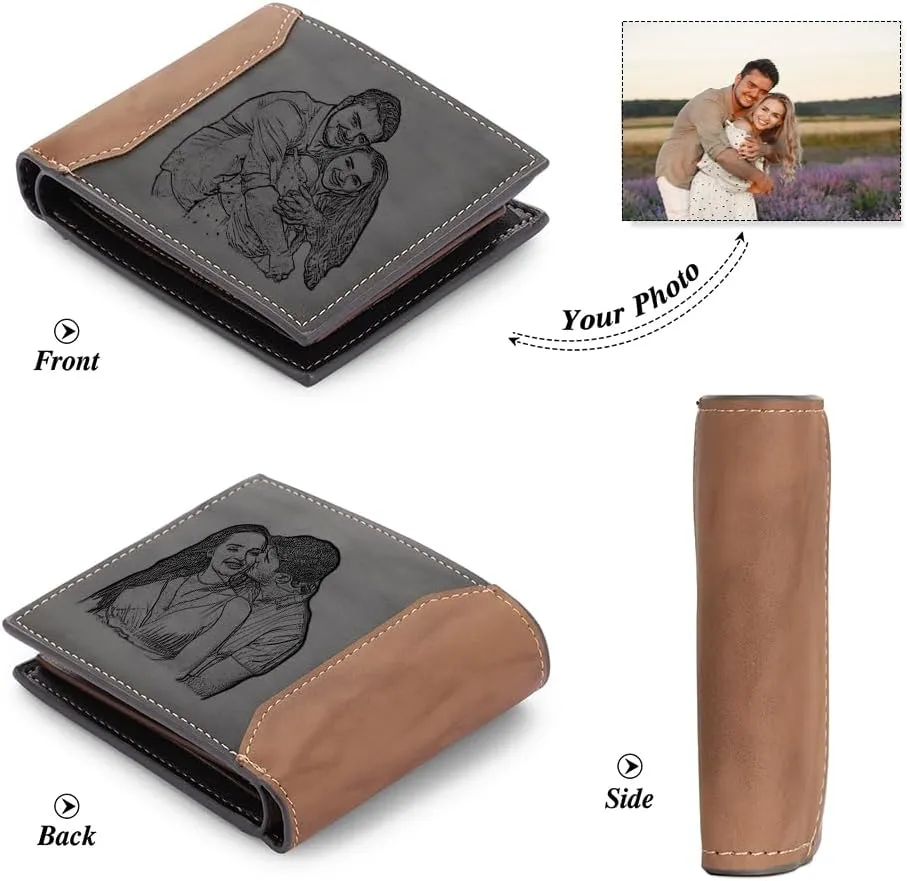 Personalized Photo Mens Wallets Leather: Custom Initial Name Bi-fold Wallet for Men Father - Men's wallets Wallet for Dad Boyfriend Grandpa Birthday Gift (Gray 2 Photo)