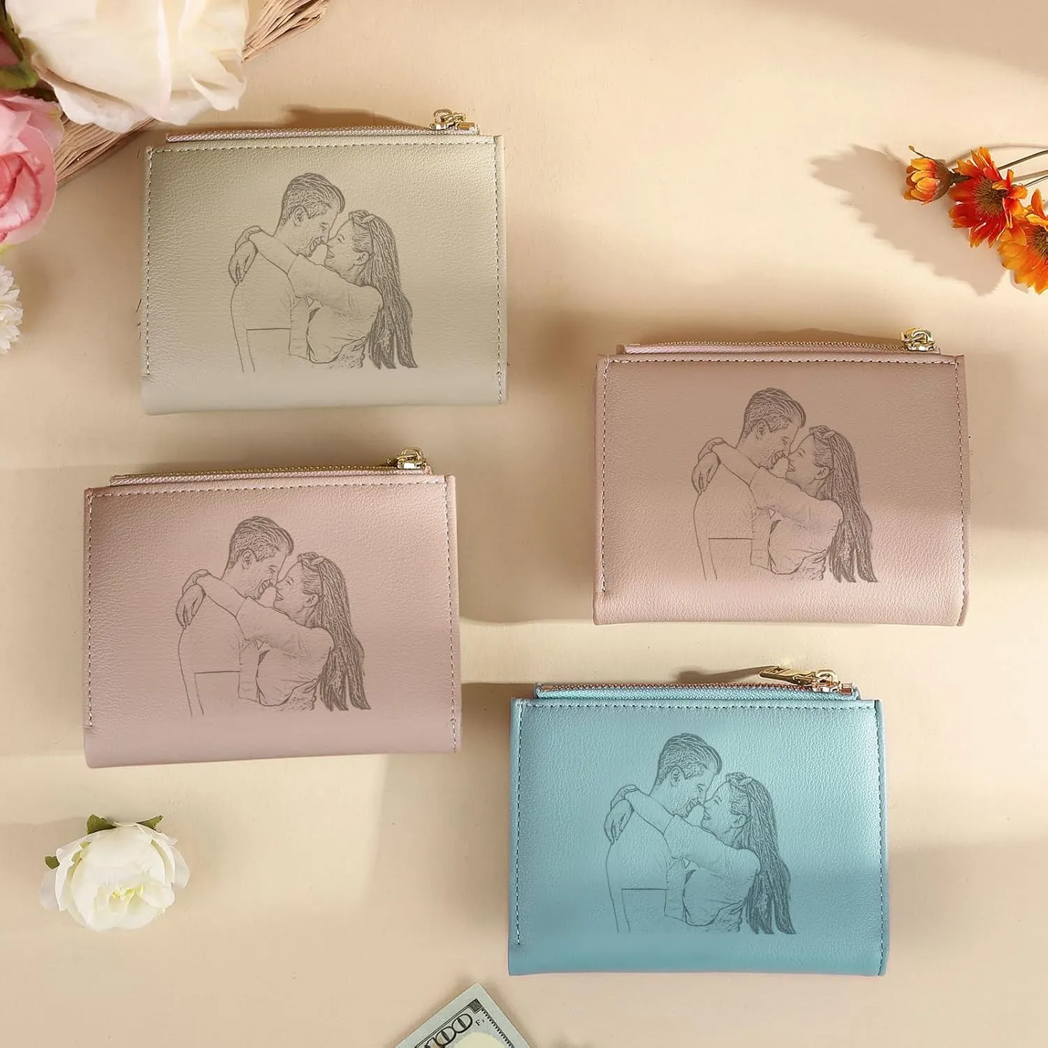 Personalized Photo Small Wallets for Women: Custom Name Picture Leather Womens Wallet -Zipper Coin Pocket Trifold Wallet - Birthday Mothers Day Christmas Gifts for Mom Grandma Ladies (Apricot)