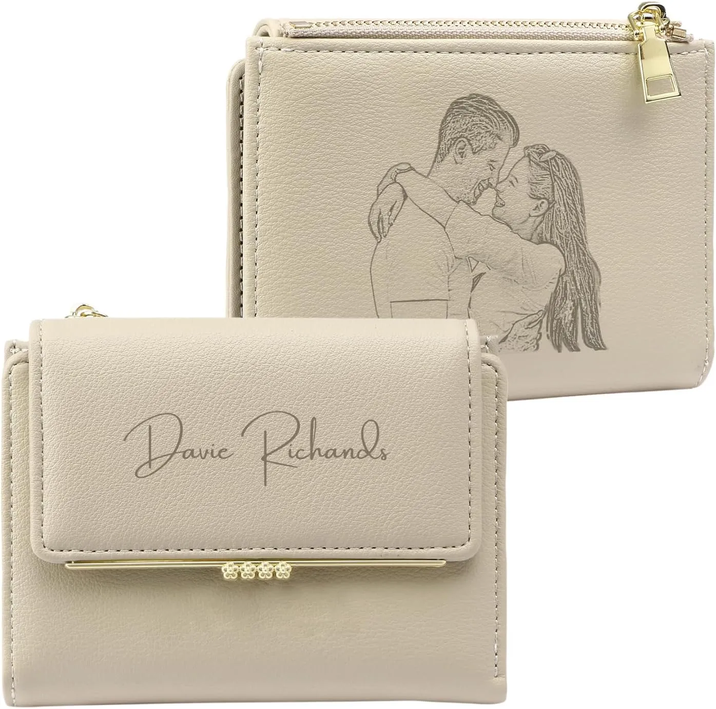 Personalized Photo Small Wallets for Women: Custom Name Picture Leather Womens Wallet -Zipper Coin Pocket Trifold Wallet - Birthday Mothers Day Christmas Gifts for Mom Grandma Ladies (Apricot)