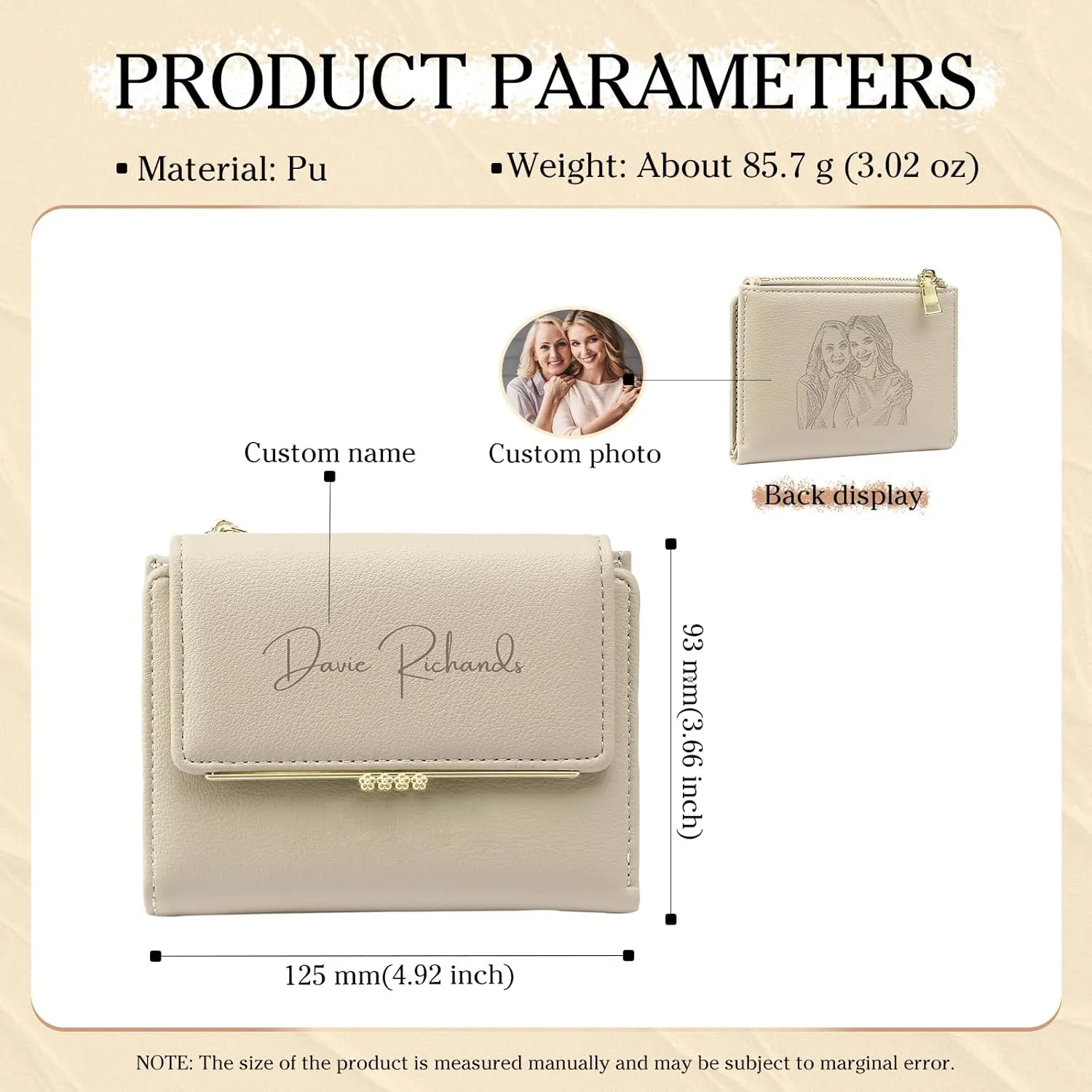 Personalized Photo Small Wallets for Women: Custom Name Picture Leather Womens Wallet -Zipper Coin Pocket Trifold Wallet - Birthday Mothers Day Christmas Gifts for Mom Grandma Ladies (Apricot)