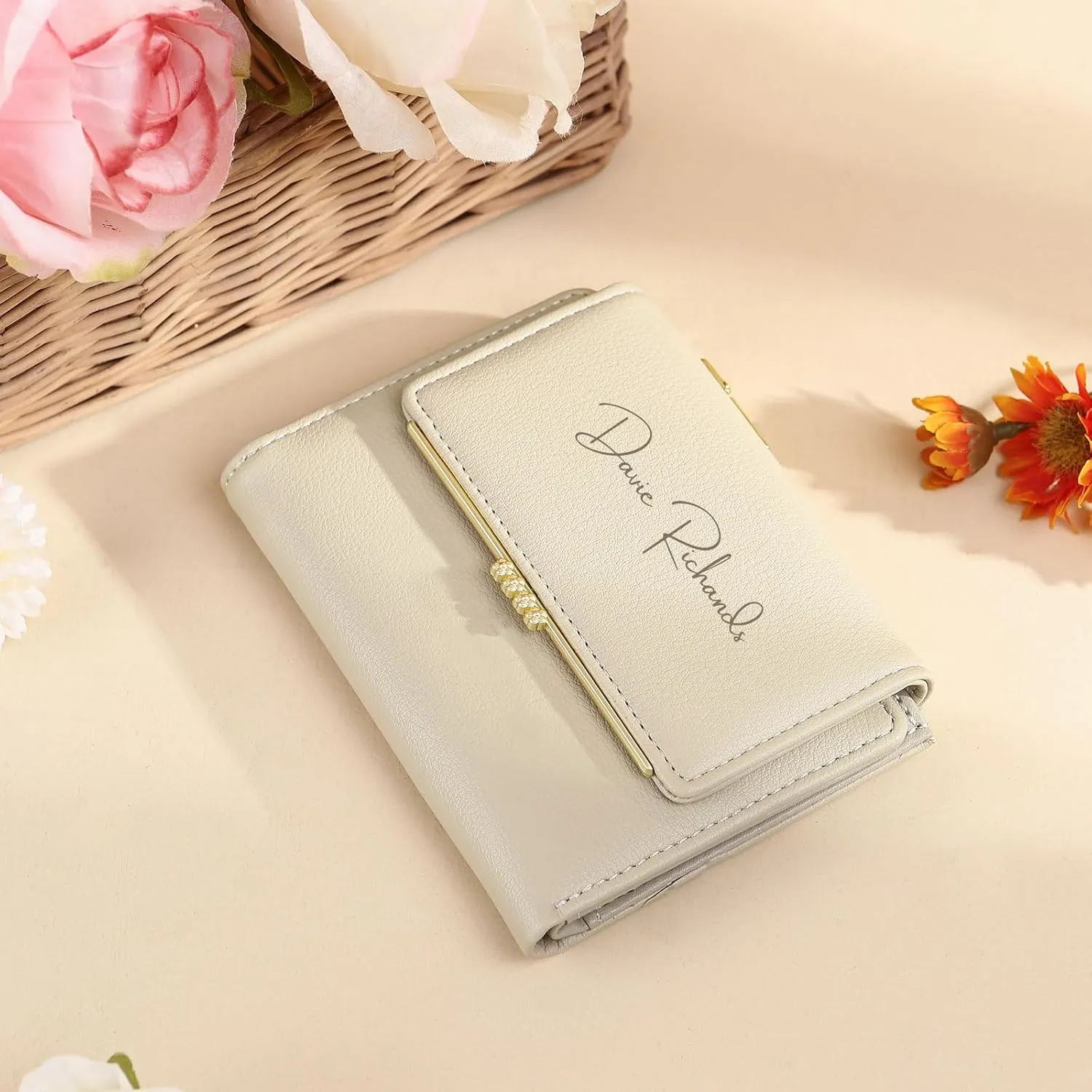 Personalized Photo Small Wallets for Women: Custom Name Picture Leather Womens Wallet -Zipper Coin Pocket Trifold Wallet - Birthday Mothers Day Christmas Gifts for Mom Grandma Ladies (Apricot)