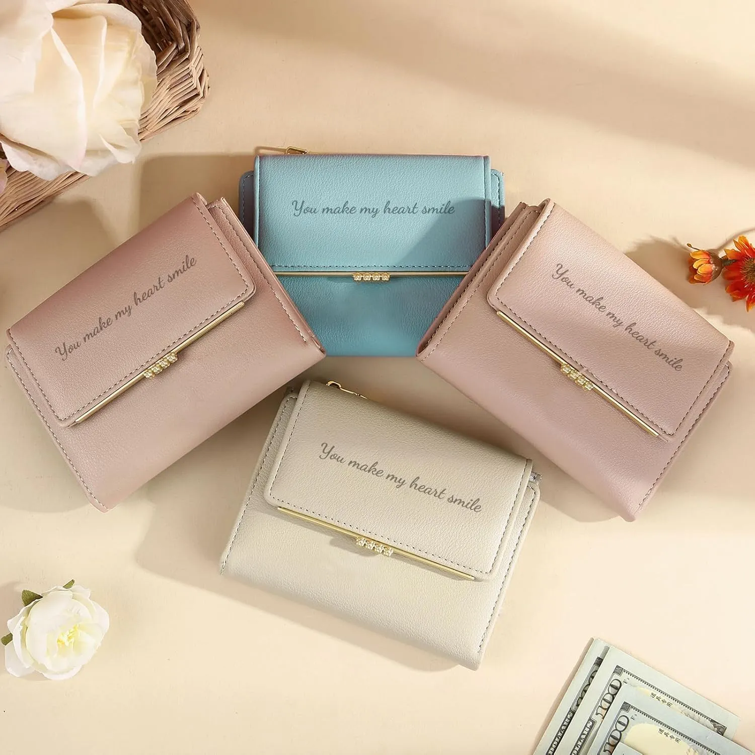 Personalized Photo Small Wallets for Women: Custom Name Picture Leather Womens Wallet -Zipper Coin Pocket Trifold Wallet - Birthday Mothers Day Christmas Gifts for Mom Grandma Ladies (Apricot)