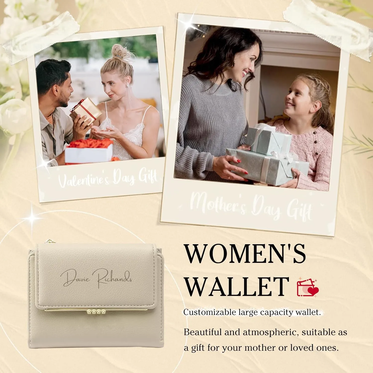 Personalized Photo Small Wallets for Women: Custom Name Picture Leather Womens Wallet -Zipper Coin Pocket Trifold Wallet - Birthday Mothers Day Christmas Gifts for Mom Grandma Ladies (Apricot)