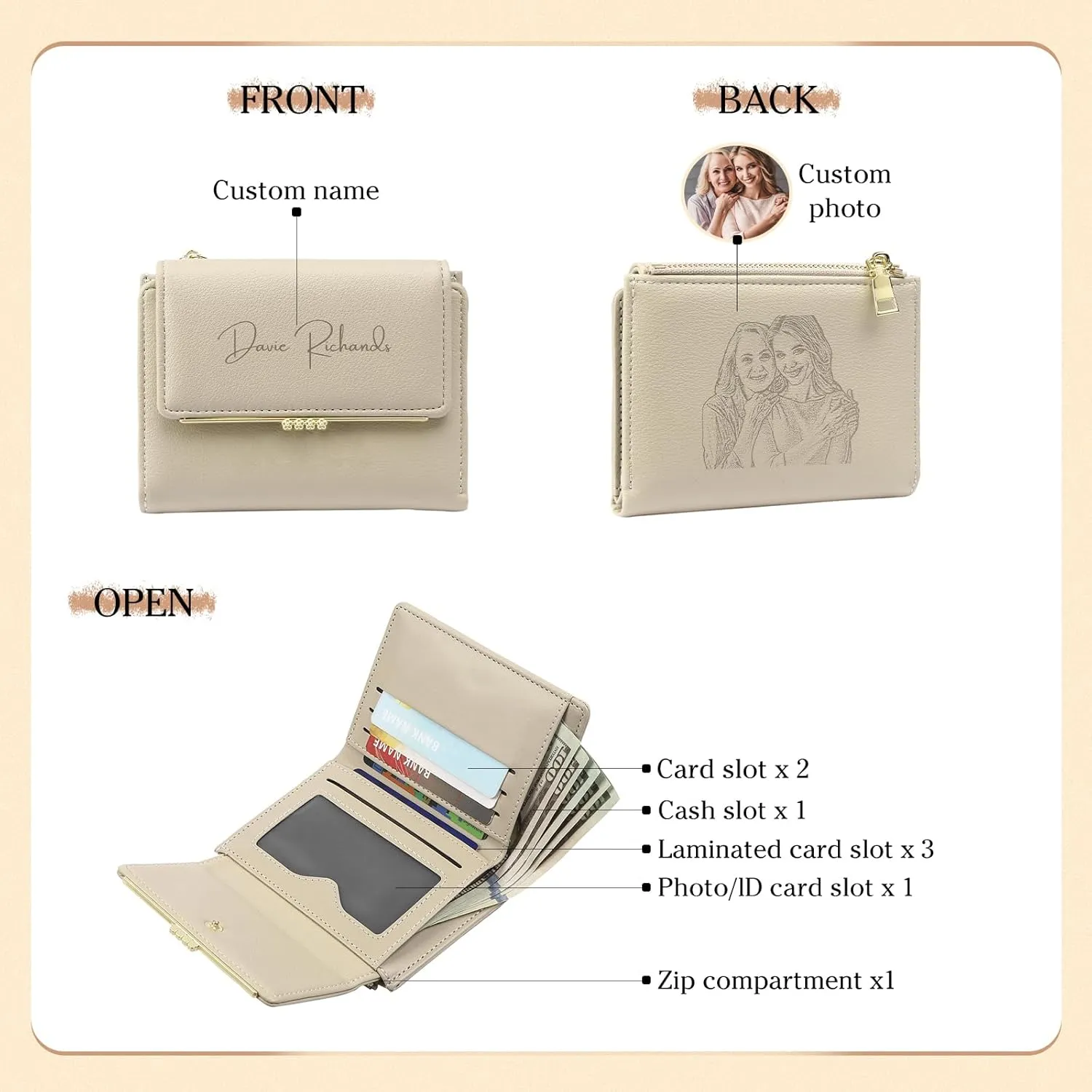 Personalized Photo Small Wallets for Women: Custom Name Picture Leather Womens Wallet -Zipper Coin Pocket Trifold Wallet - Birthday Mothers Day Christmas Gifts for Mom Grandma Ladies (Apricot)