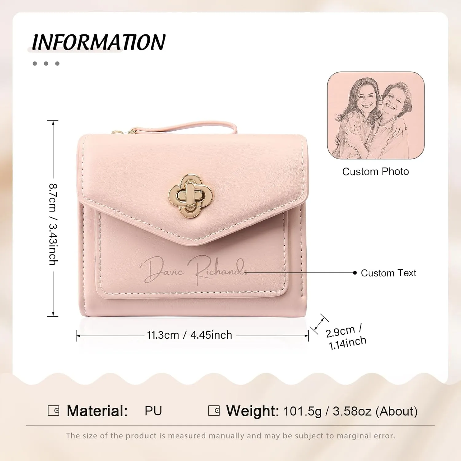 Personalized Photo Small Wallets for Women: Custom Name Picture Leather Womens Wallet - Zipper Coin Pocket Trifold Wallet - Birthday Mothers Day Christmas Gifts for Mom Grandma Ladies (W2-Pink)