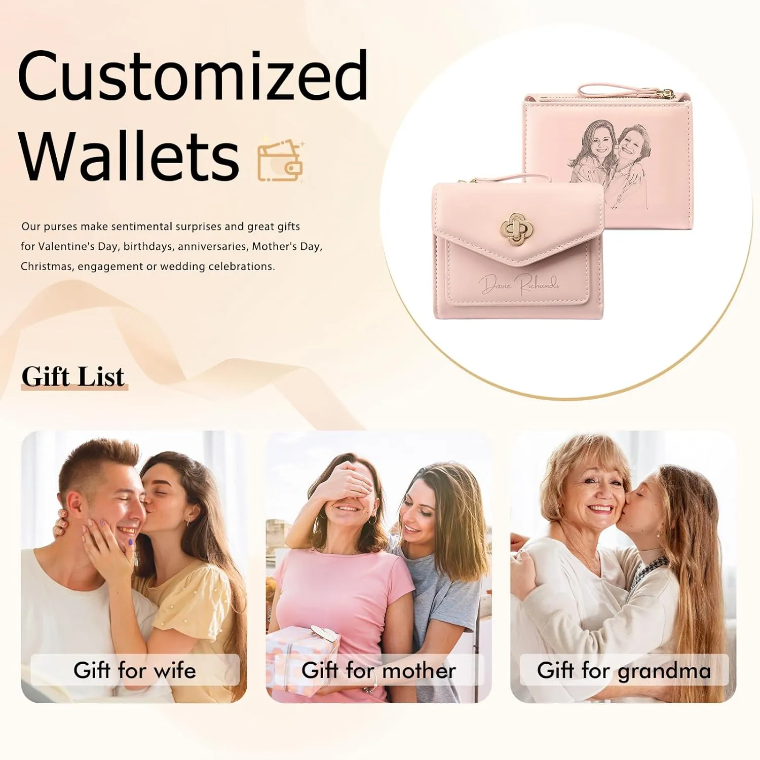 Personalized Photo Small Wallets for Women: Custom Name Picture Leather Womens Wallet - Zipper Coin Pocket Trifold Wallet - Birthday Mothers Day Christmas Gifts for Mom Grandma Ladies (W2-Pink)