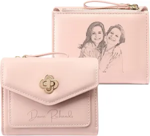 Personalized Photo Small Wallets for Women: Custom Name Picture Leather Womens Wallet - Zipper Coin Pocket Trifold Wallet - Birthday Mothers Day Christmas Gifts for Mom Grandma Ladies (W2-Pink)