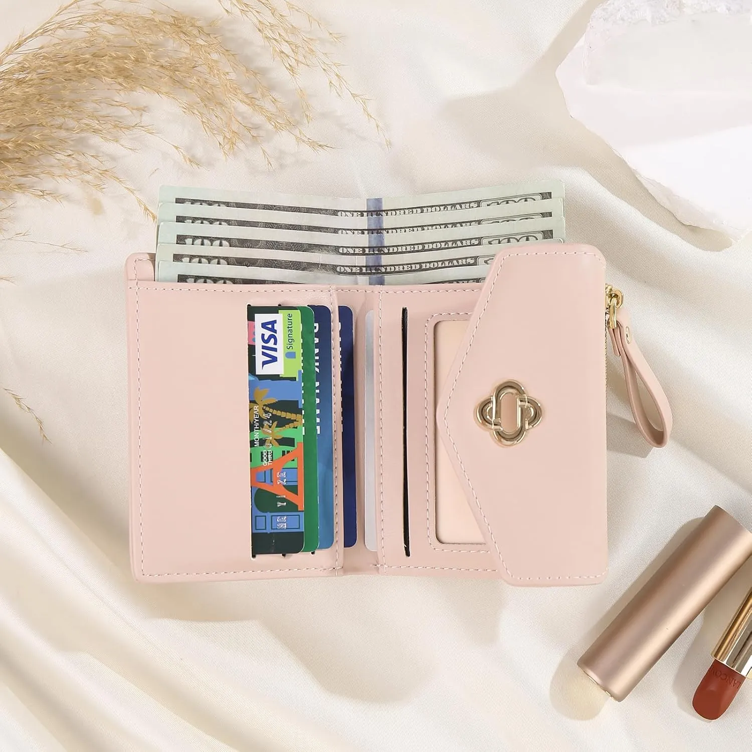 Personalized Photo Small Wallets for Women: Custom Name Picture Leather Womens Wallet - Zipper Coin Pocket Trifold Wallet - Birthday Mothers Day Christmas Gifts for Mom Grandma Ladies (W2-Pink)