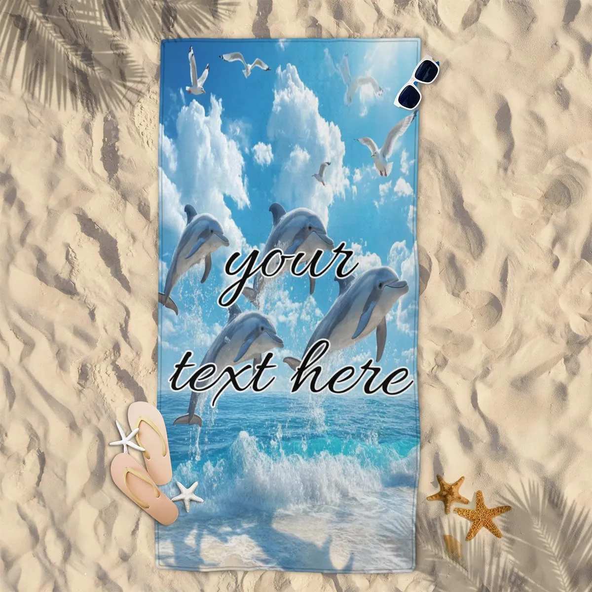 Personalized Sea Dolphins Jumping Beach Towel with Name, Custom Microfiber Pool Towel Quick Dry Absorbent Towels for Swimming