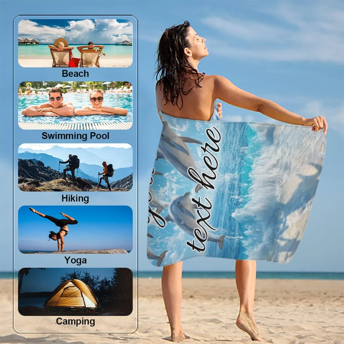 Personalized Sea Dolphins Jumping Beach Towel with Name, Custom Microfiber Pool Towel Quick Dry Absorbent Towels for Swimming