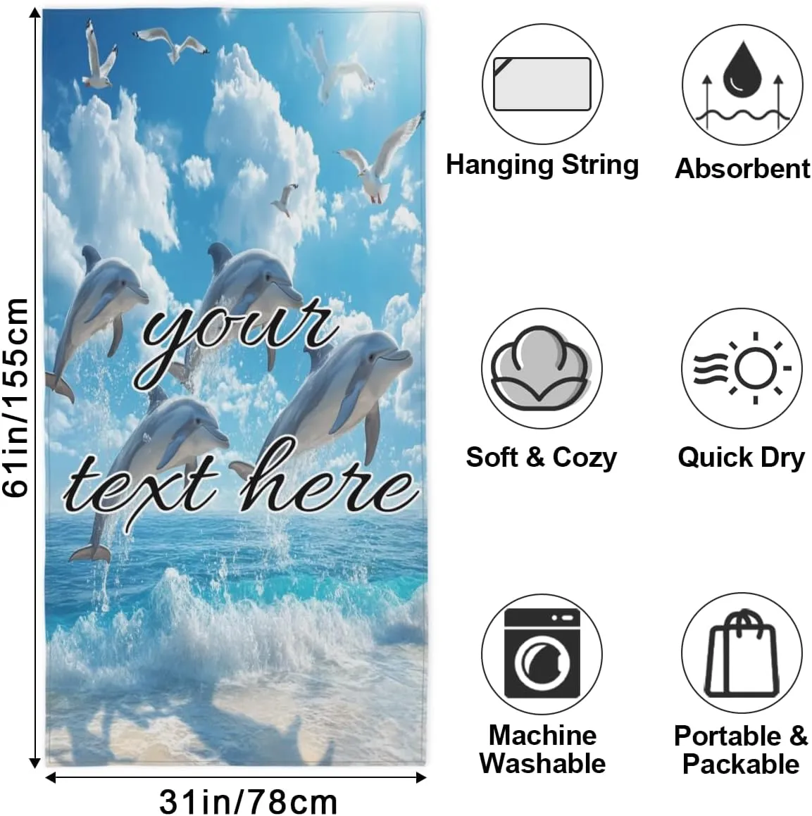 Personalized Sea Dolphins Jumping Beach Towel with Name, Custom Microfiber Pool Towel Quick Dry Absorbent Towels for Swimming