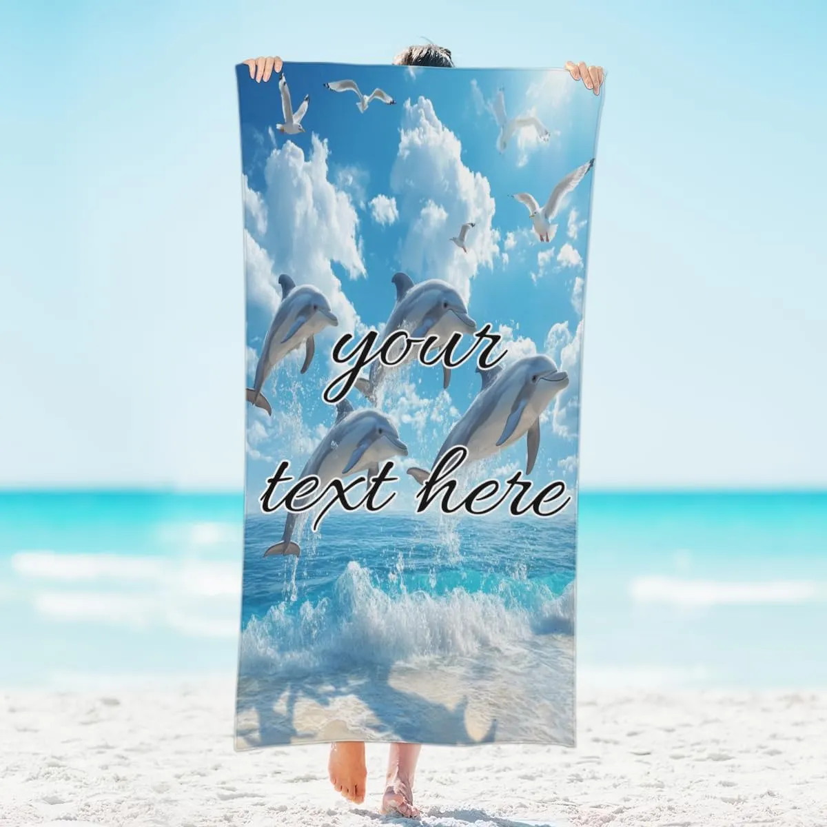 Personalized Sea Dolphins Jumping Beach Towel with Name, Custom Microfiber Pool Towel Quick Dry Absorbent Towels for Swimming