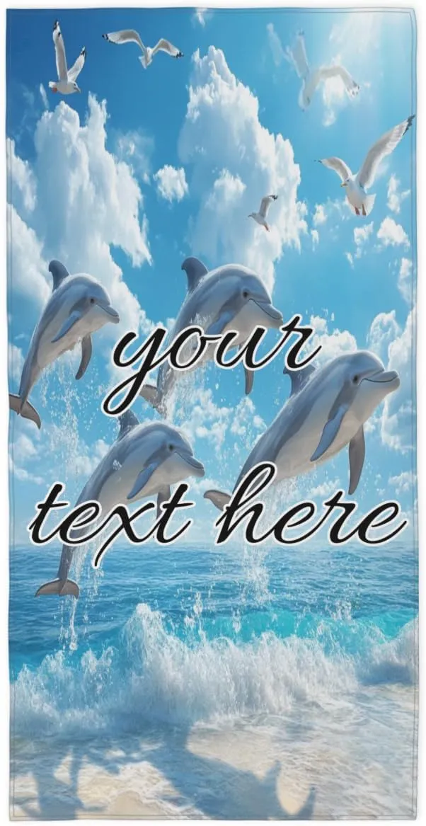 Personalized Sea Dolphins Jumping Beach Towel with Name, Custom Microfiber Pool Towel Quick Dry Absorbent Towels for Swimming