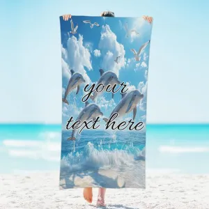 Personalized Sea Dolphins Jumping Beach Towel with Name, Custom Microfiber Pool Towel Quick Dry Absorbent Towels for Swimming