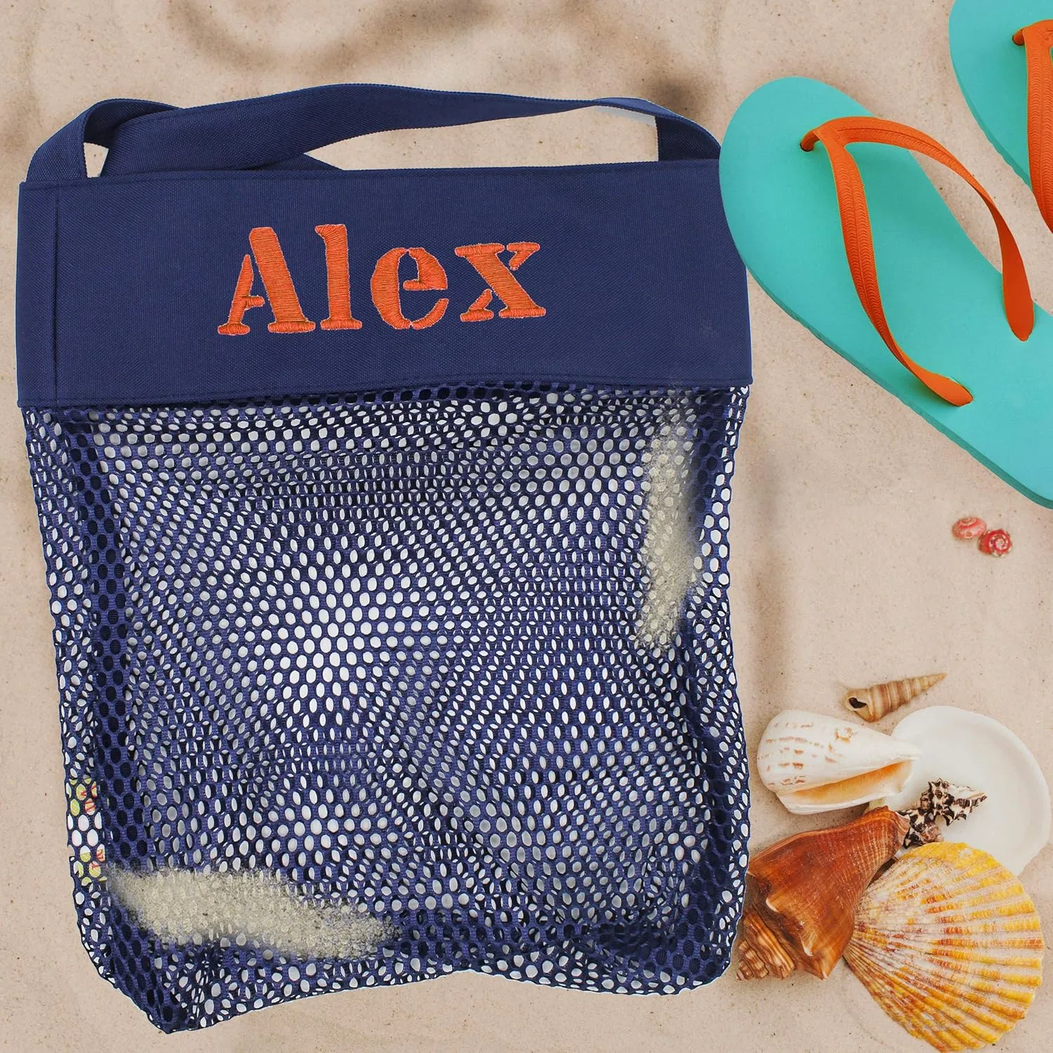 Personalized Seashell Collection Bag - Mesh Beach Shell Bag - Custom Monogrammed Vacation Gear (Navy Blue)