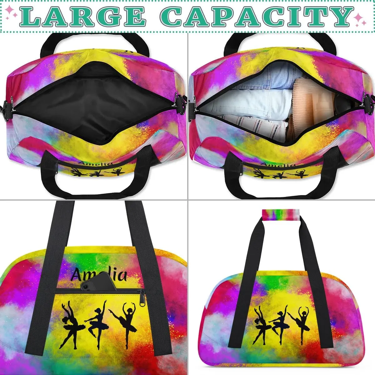 Personalized Sport Duffle Bag Dance Bag for Girls, Custom Kids Gym Bag with Name, Fit School Practice, or Overnight Weekender Travel Rainbow Yellow Watercolor