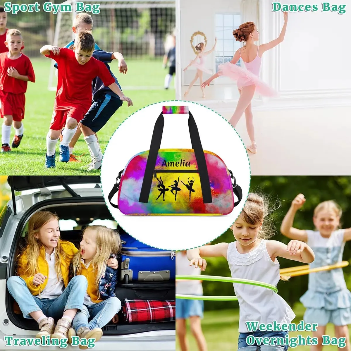 Personalized Sport Duffle Bag Dance Bag for Girls, Custom Kids Gym Bag with Name, Fit School Practice, or Overnight Weekender Travel Rainbow Yellow Watercolor