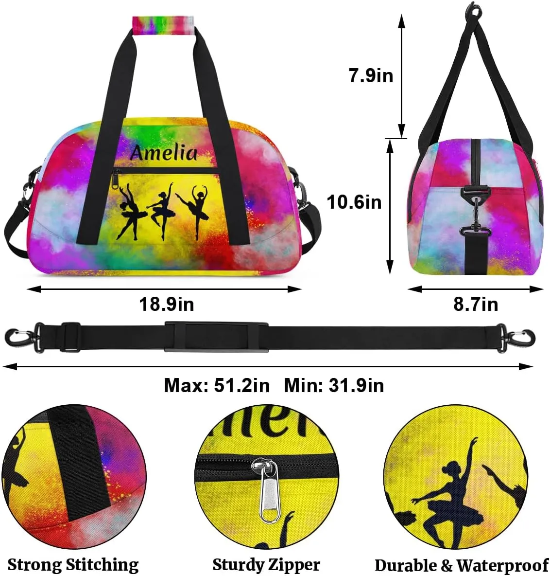 Personalized Sport Duffle Bag Dance Bag for Girls, Custom Kids Gym Bag with Name, Fit School Practice, or Overnight Weekender Travel Rainbow Yellow Watercolor