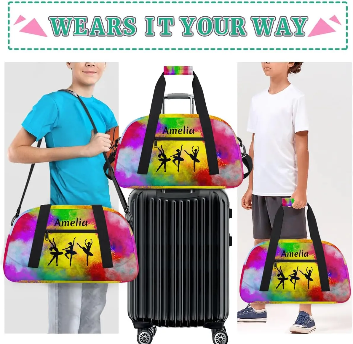 Personalized Sport Duffle Bag Dance Bag for Girls, Custom Kids Gym Bag with Name, Fit School Practice, or Overnight Weekender Travel Rainbow Yellow Watercolor