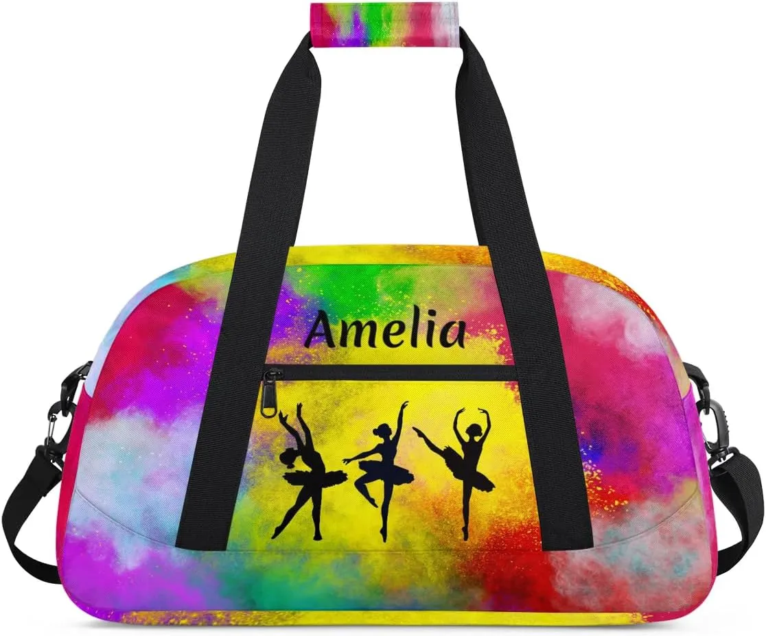 Personalized Sport Duffle Bag Dance Bag for Girls, Custom Kids Gym Bag with Name, Fit School Practice, or Overnight Weekender Travel Rainbow Yellow Watercolor