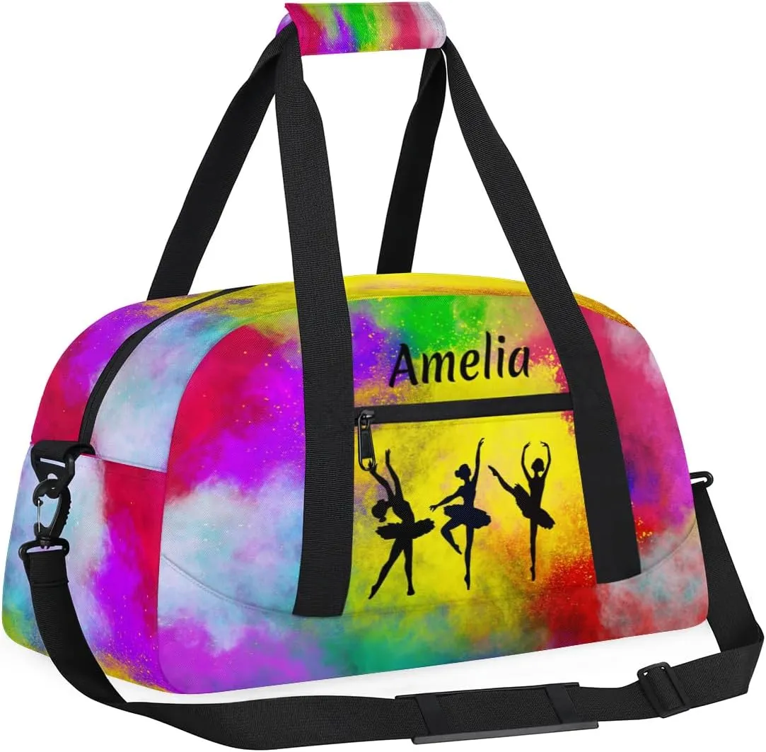Personalized Sport Duffle Bag Dance Bag for Girls, Custom Kids Gym Bag with Name, Fit School Practice, or Overnight Weekender Travel Rainbow Yellow Watercolor