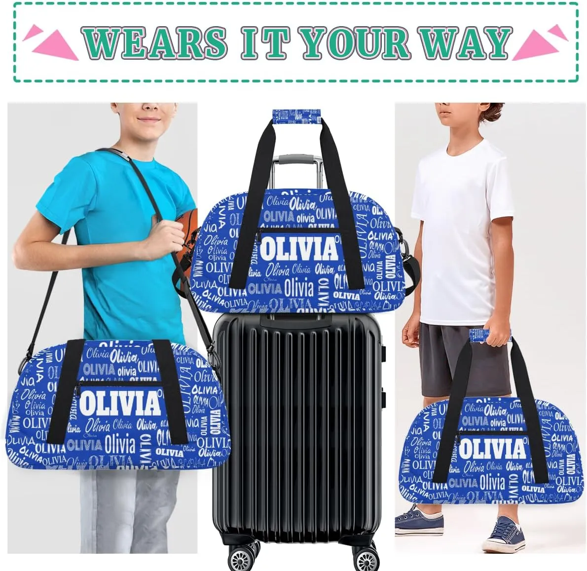 Personalized Sports Duffel Bags, Custom Kids Football Duffle Bag for Boys with Your Name, Lightweight Overnight Weekender Bag for School Gymnastics Travel, Royal Blue